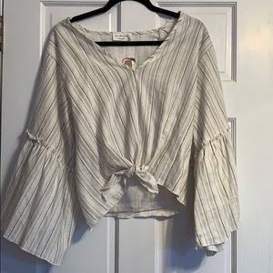 Front Tie with Flair Sleeve Linen Blouse